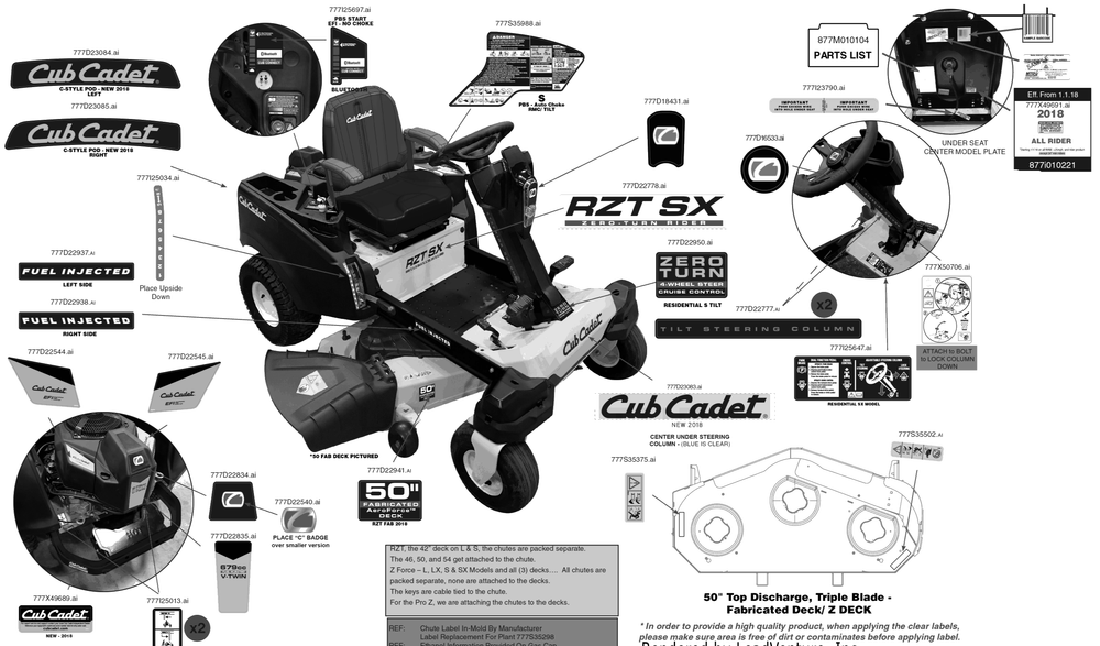 Label Map Diagram and Parts List for RZT-SX50EFI (17AWCBYZ010)(2018) Cub Cadet Lawn Tractor